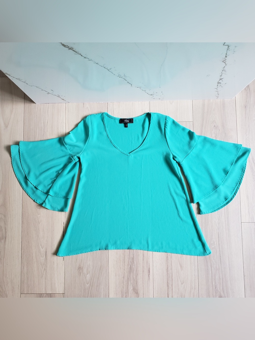 Flutter-Sleeve V-Neck Blouse in Aqua